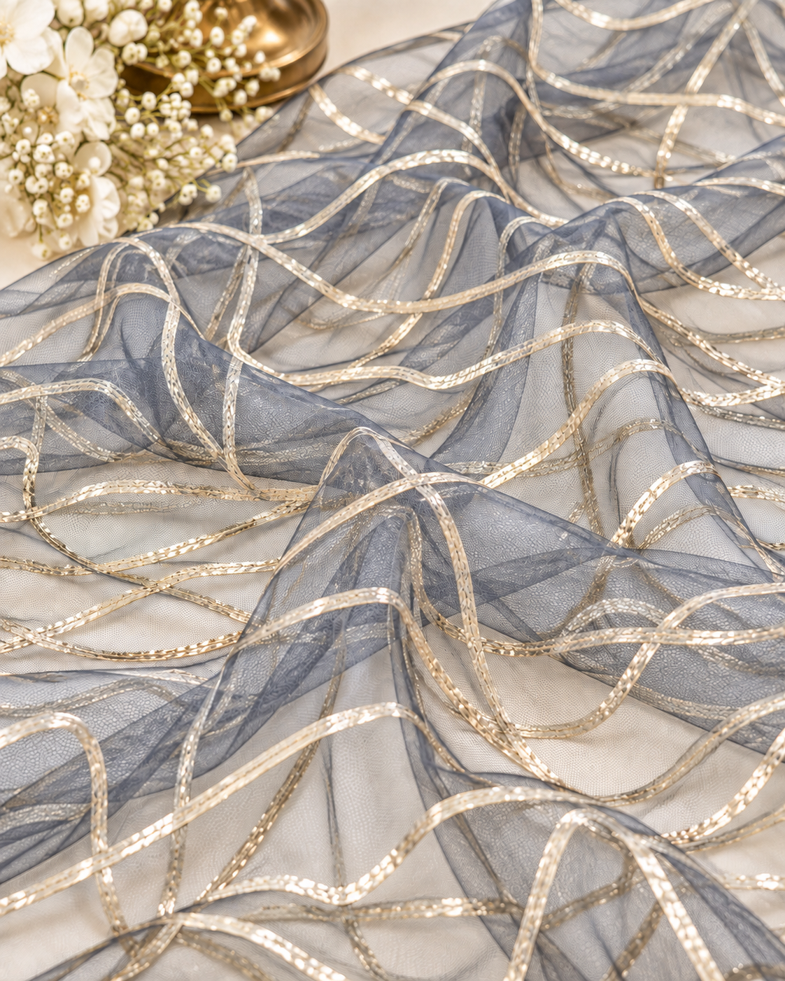 Embroidered fabric Wedding dress Bridal Net tulle fabric Gold Lace Embroidery fabric Gold Gotta Patti Border Indian fabric by the yard