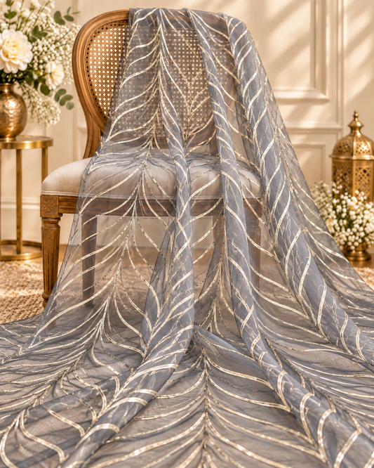 Embroidered fabric Wedding dress Bridal Net tulle fabric Gold Lace Embroidery fabric Gold Gotta Patti Border Indian fabric by the yard