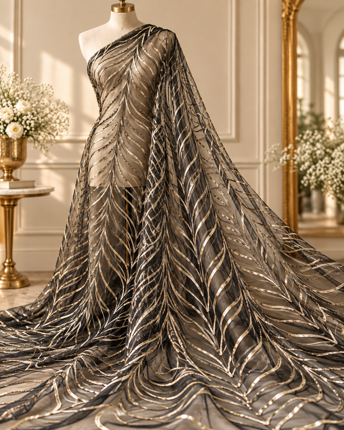 Black gota patti embroidered fabric, Wedding dress fabric,  Net tulle fabric, Royal fabric, Gold fabric, Indian fabric - NFAF1026