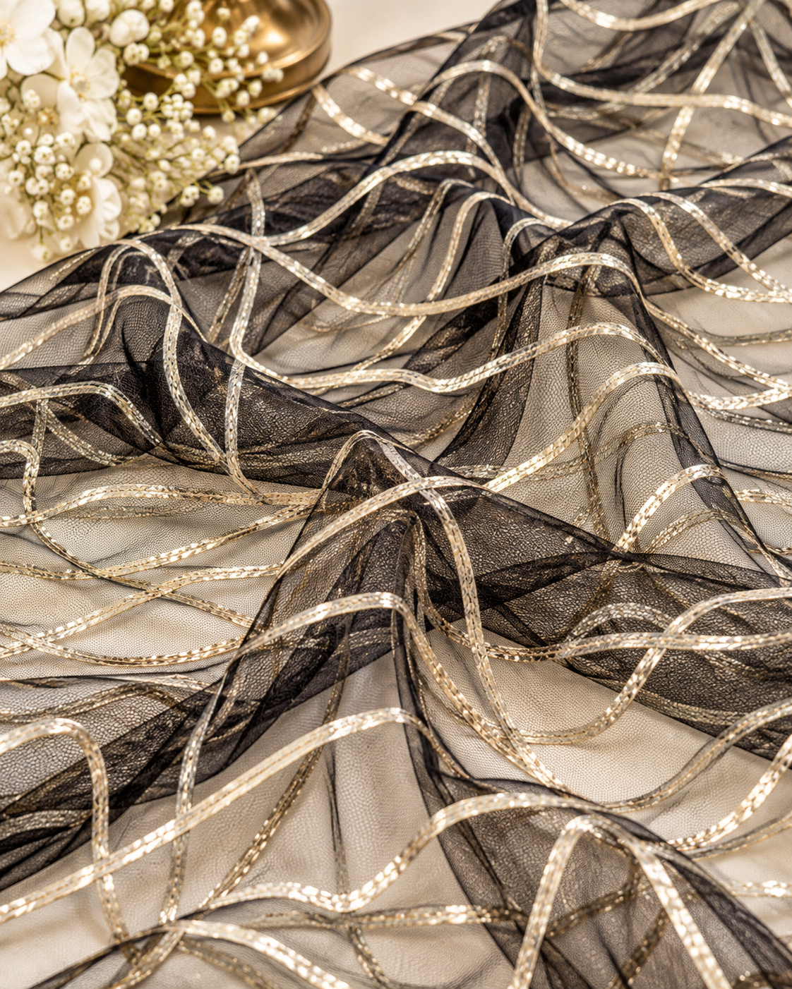 Black gota patti embroidered fabric, Wedding dress fabric,  Net tulle fabric, Royal fabric, Gold fabric, Indian fabric - NFAF1026