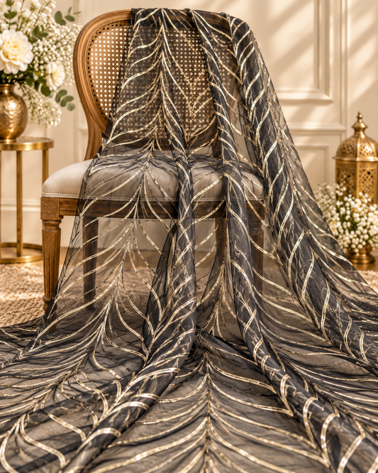 Black gota patti embroidered fabric, Wedding dress fabric,  Net tulle fabric, Royal fabric, Gold fabric, Indian fabric - NFAF1026