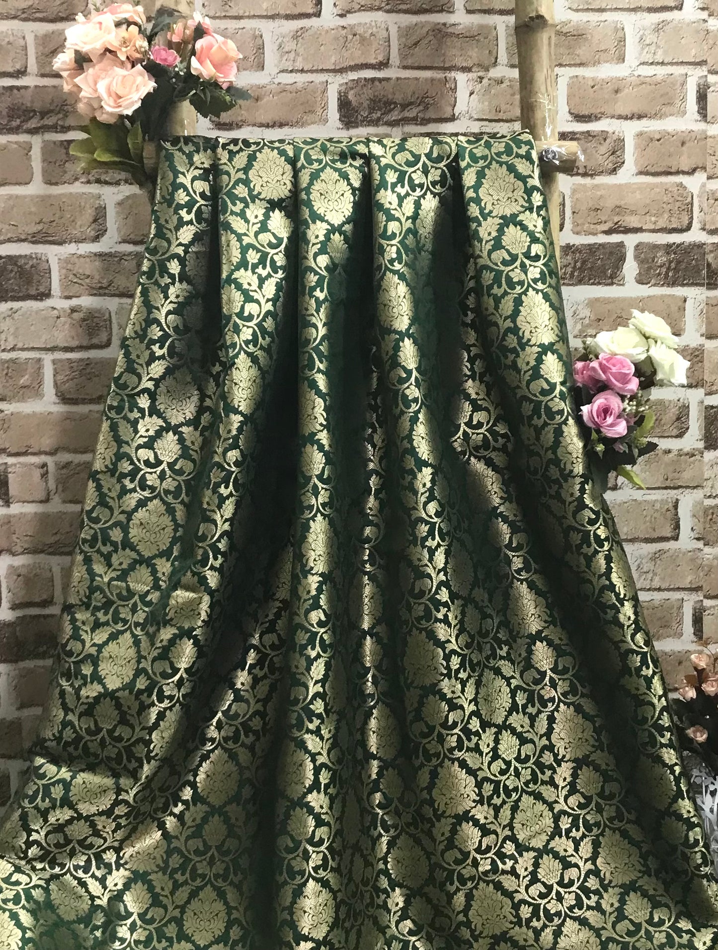 Indian Banarasi Brocade Fabric in Green and Gold color, Multiple lengths will come in a continuous piece - NF794