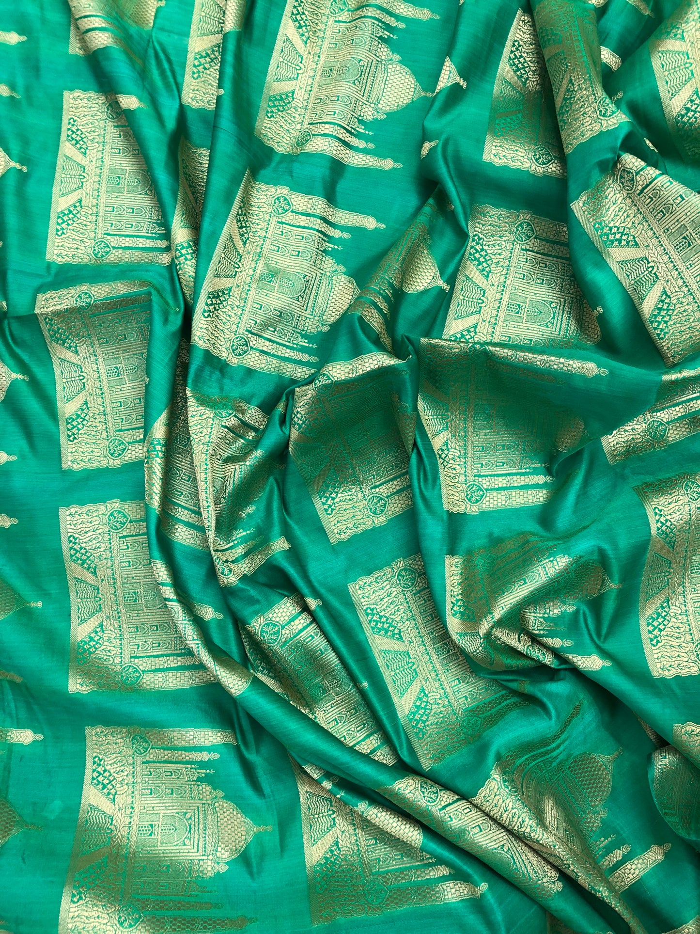 Indian Banarasi Brocade fabric in Green and Gold color, Multiple lengths will come in the continuous piece - NF75