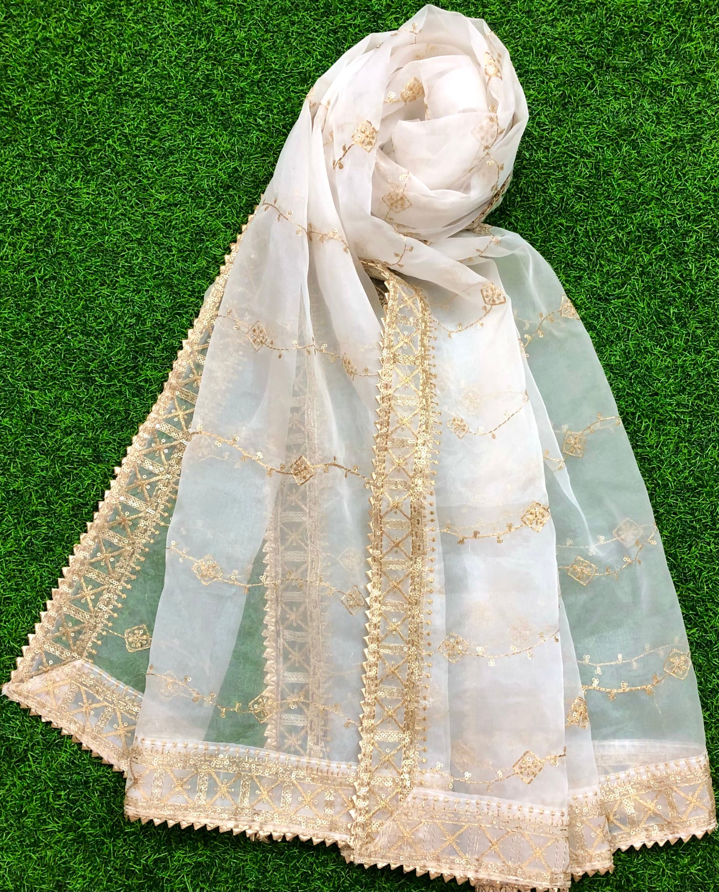 White & Gold Organza Dupatta and Sequins Embroidery, Indian Stole, Scarf for women, Bridal Wedding Fabric, Veil, DP13