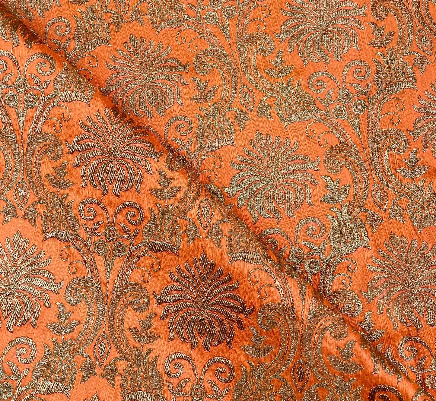 Orange embroidered fabric, Handmade, Indian fabric, Thread embroidery, Wedding dress, Bridesmaid dress, Medieval fabric, Gold flower - NFAF842