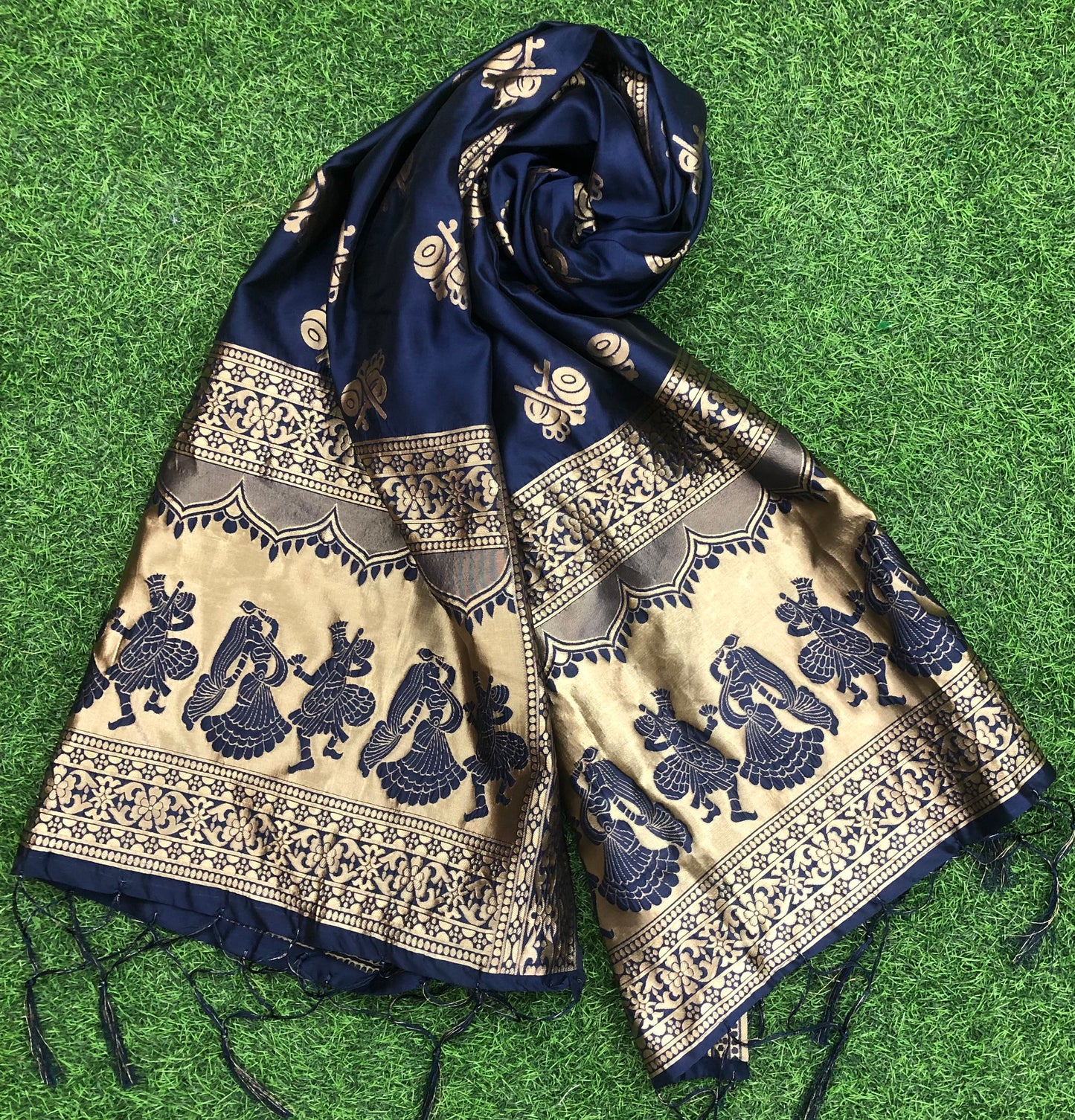 Navy Blue and Gold Banarasi brocade Scarf/ Dupatta/ Stole/ Shawl, Viscose Silk Dupatta, Bridal dress fabric, veil, DP942