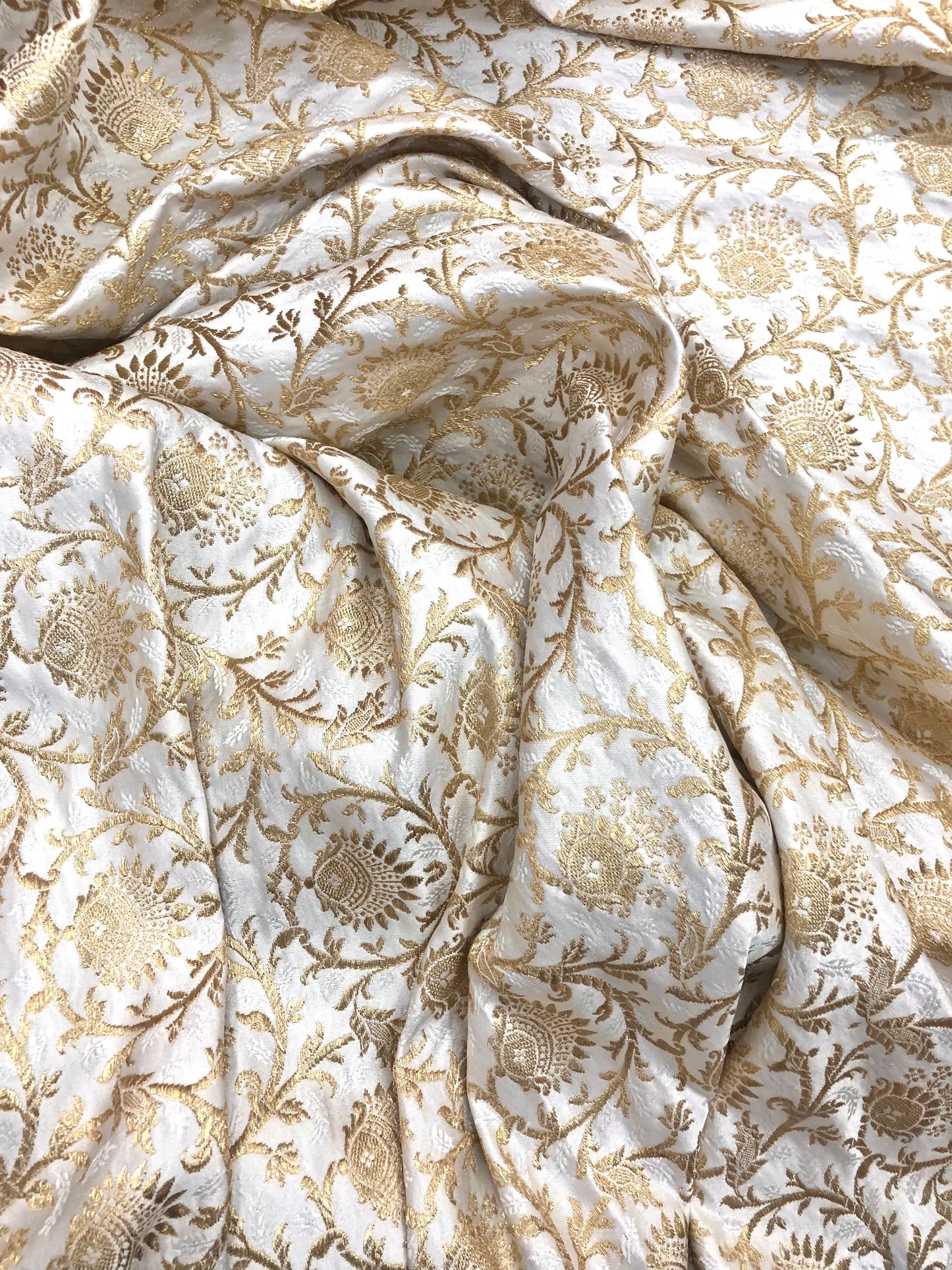 Indian Banarasi Brocade fabric in Off White And Gold color, Multiple lengths will come in a continuous piece - NF799