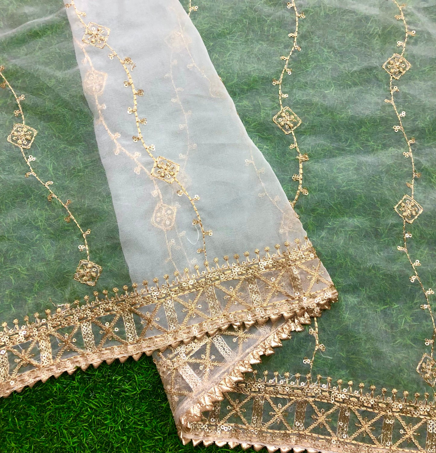 White & Gold Organza Dupatta and Sequins Embroidery, Indian Stole, Scarf for women, Bridal Wedding Fabric, Veil, DP13