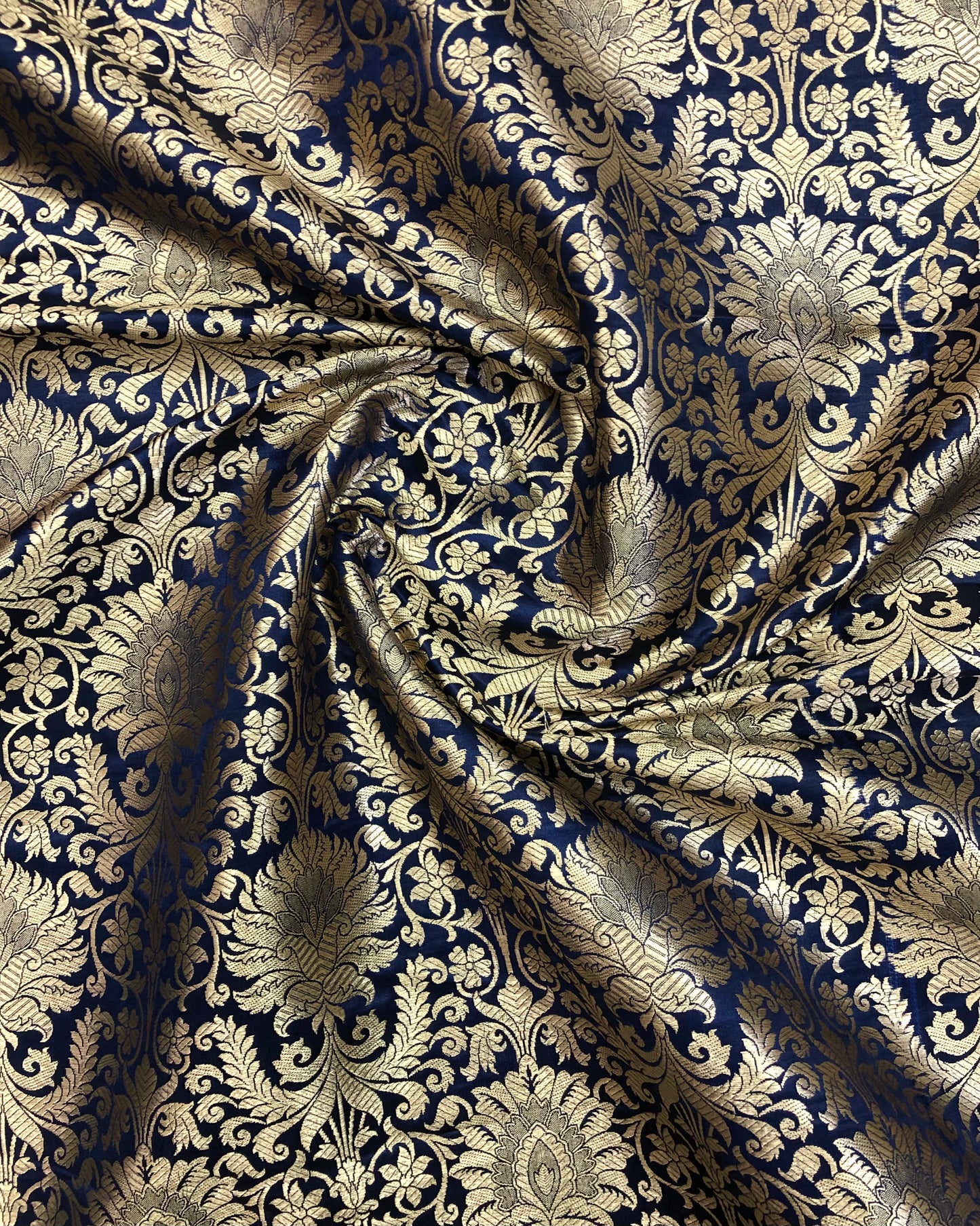 India Banarasi Brocade Fabric in Navy Blue and Gold color, Multiple lengths will come in the continuous piece - NF577