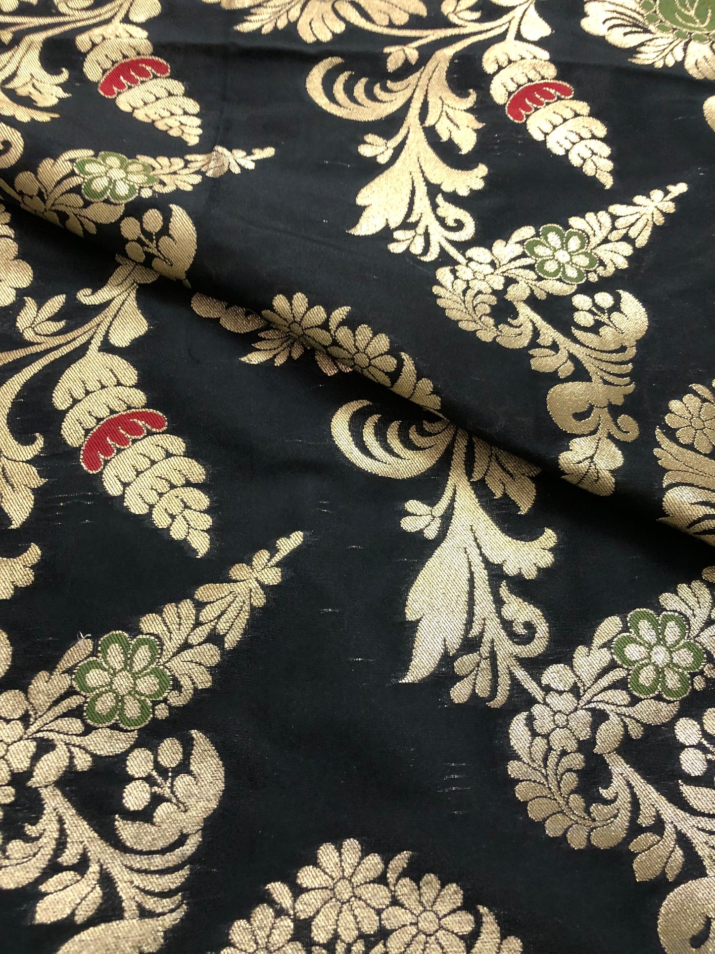 Indian Banarasi Brocade Fabric in Black and Gold color, Multiple lengths will come in the continuous piece - NF401