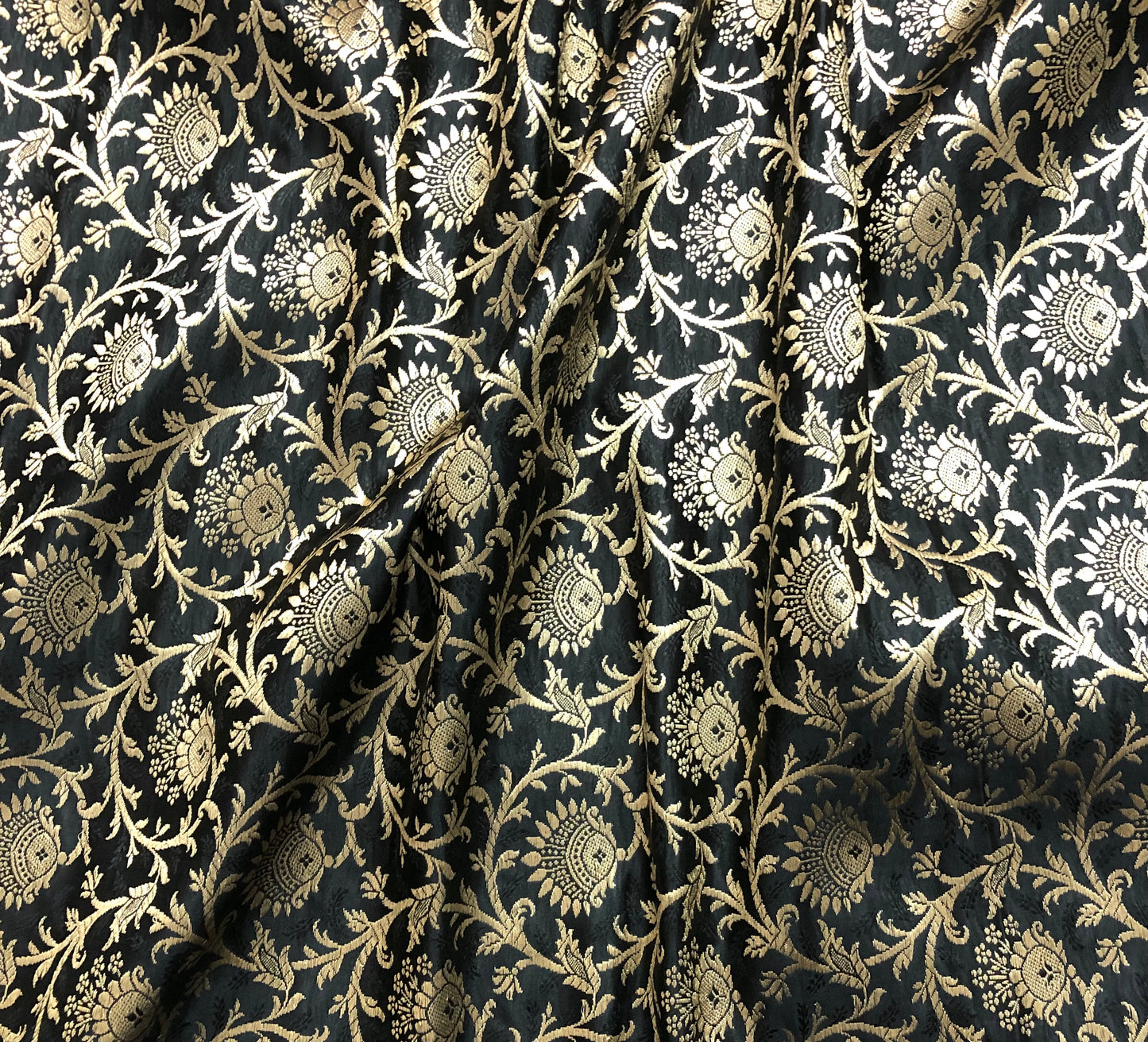 Indian Banarasi Brocade fabric in Black and Gold color, Multiple lengths will come in the continuous piece - NF631