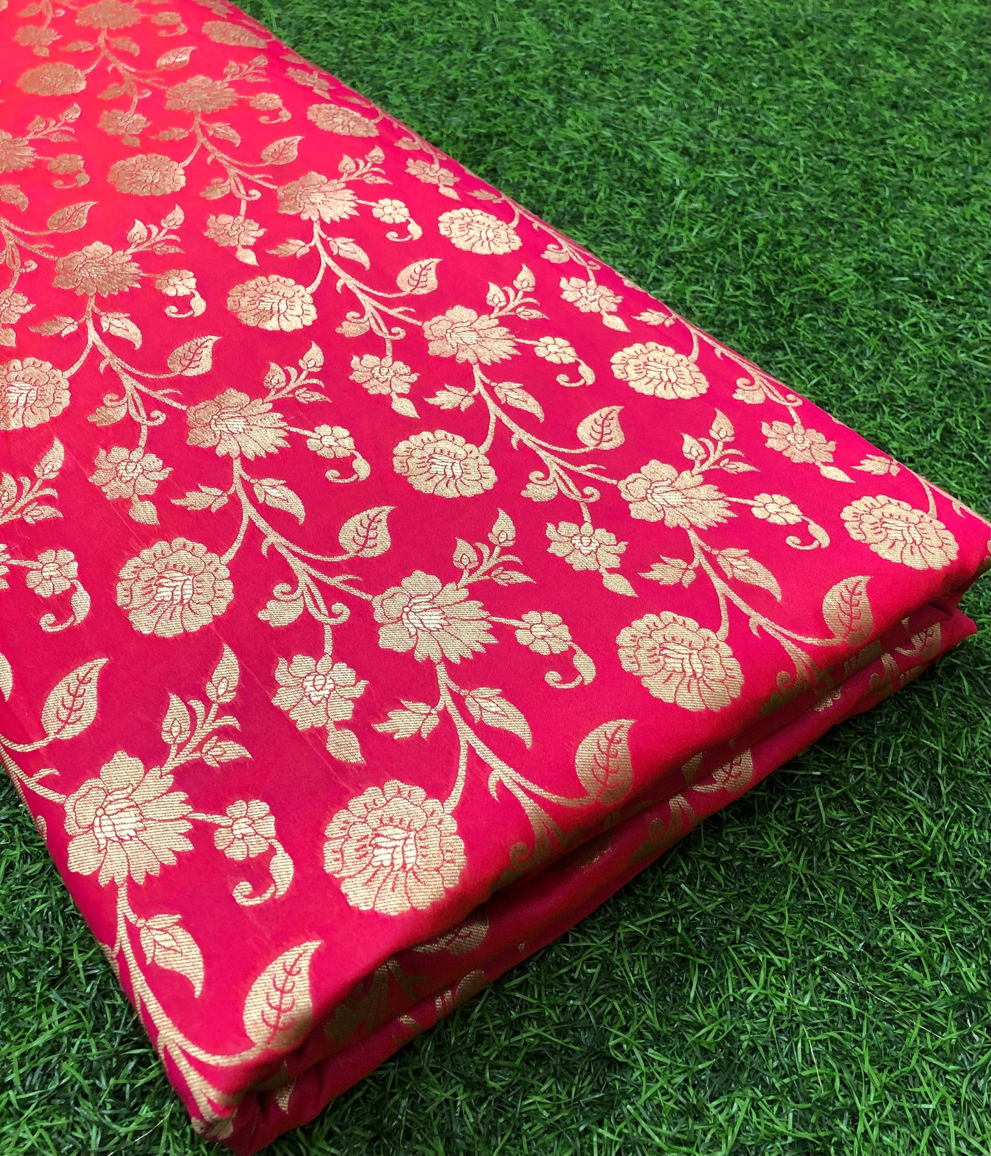 Banarasi Brocade Fabric in Coral Pink and Gold color, Multiple lengths will come in the continuous piece - NF761