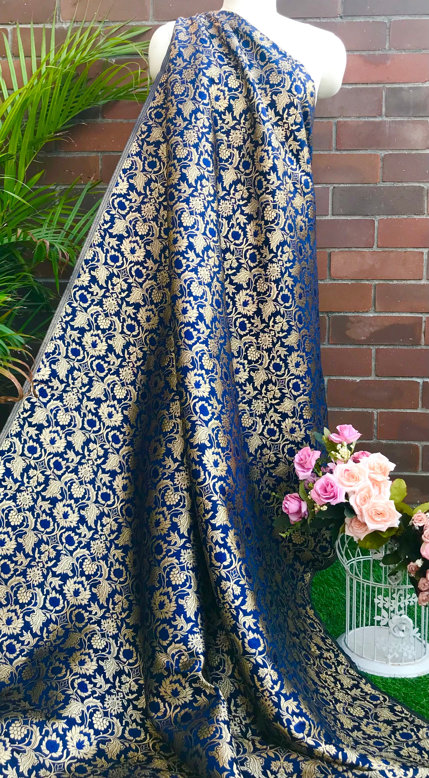 Indian Banarasi Brocade fabric in Navy Blue and Gold color, Multiple lengths will come in the continuous piece - NF635