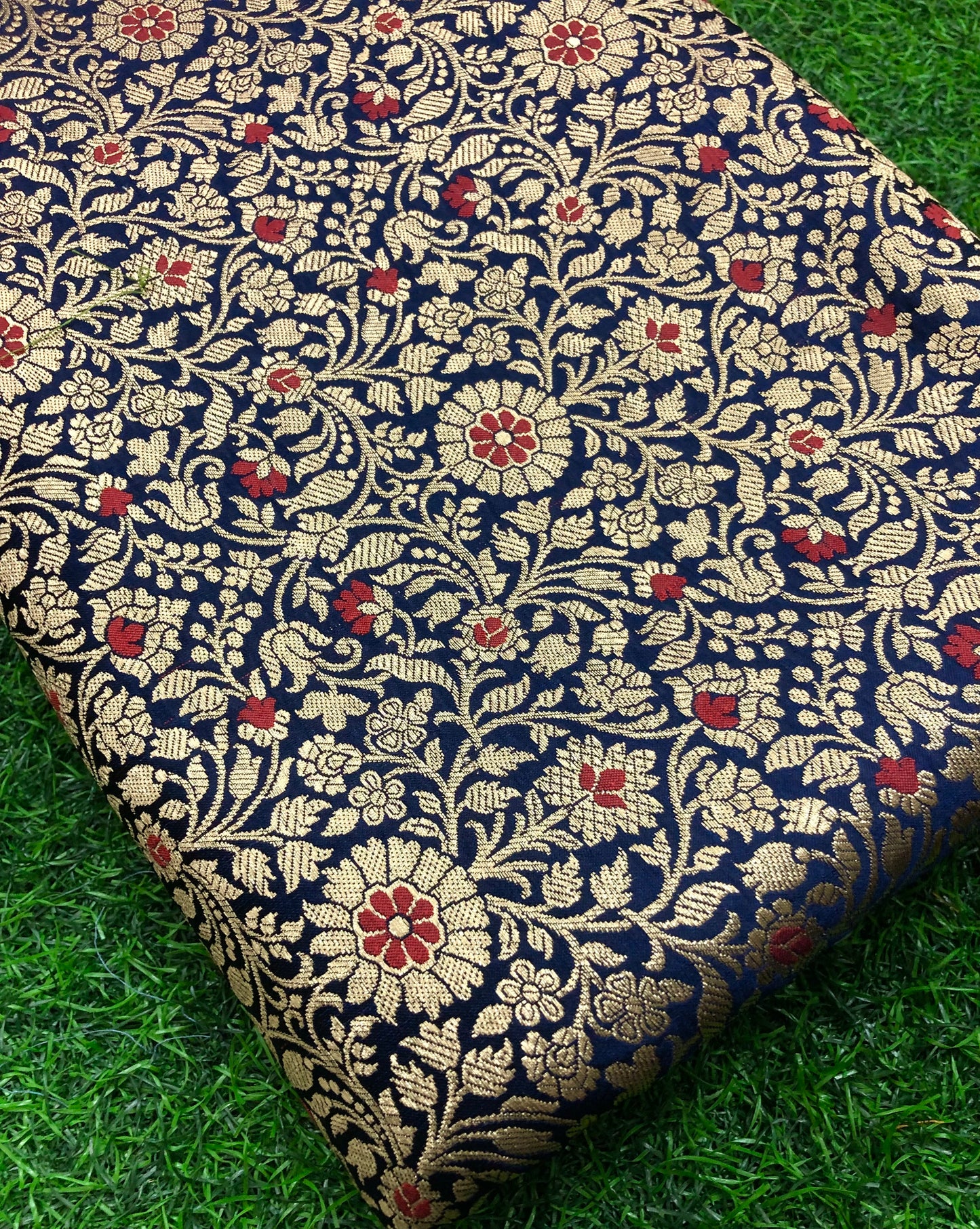 indian Banarasi Brocade Fabric in Navy Blue and Gold Color, Multiple lengths will come in the continuous piece - NFAF648