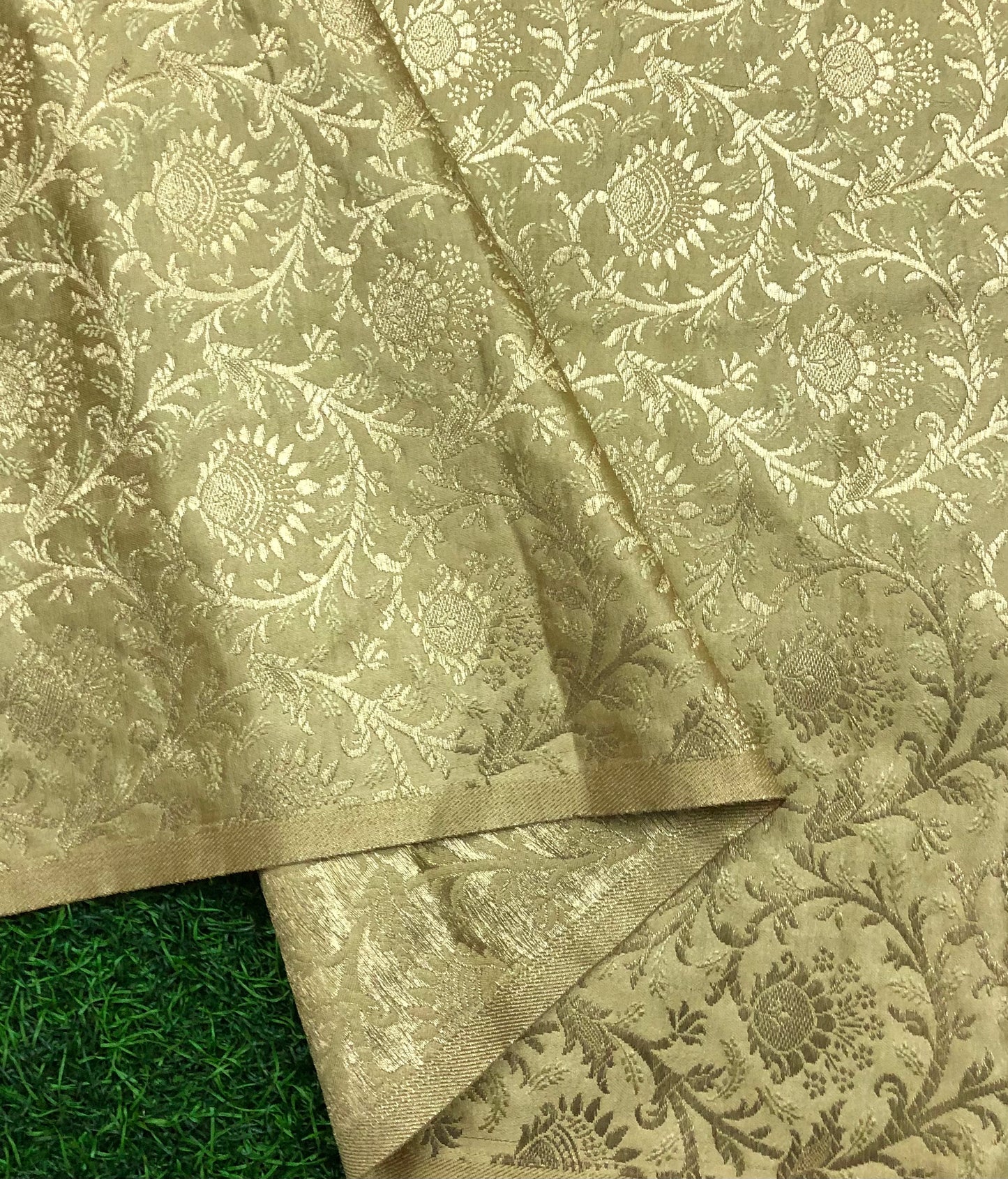 Indian Banarasi Brocade fabric in Beige and Gold color, Multiple lengths will come in the continuous piece - NF608