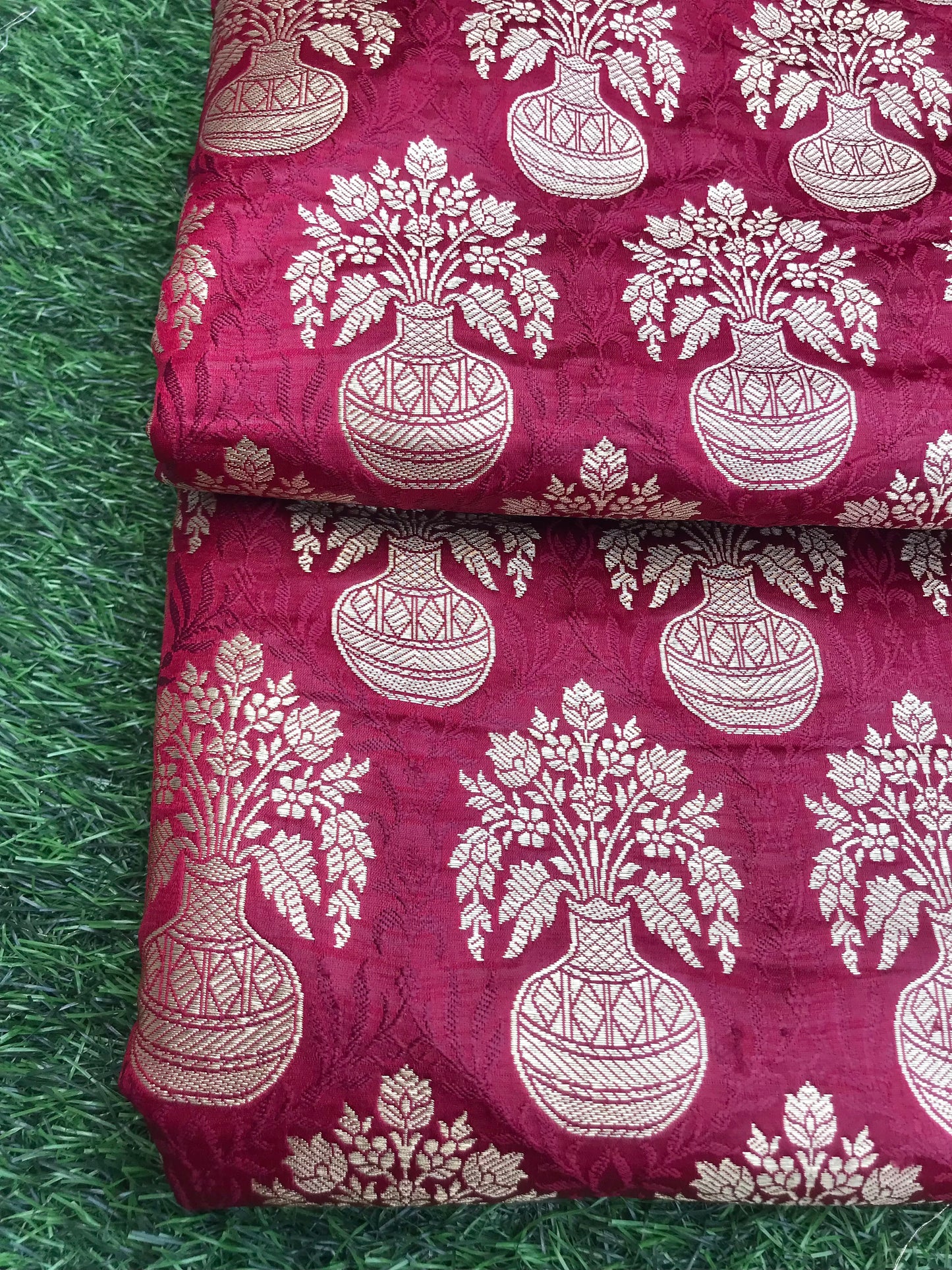 Indian Banarasi Brocade fabric in Red and Gold color, Multiple lengths will come in the continuous piece - NF437