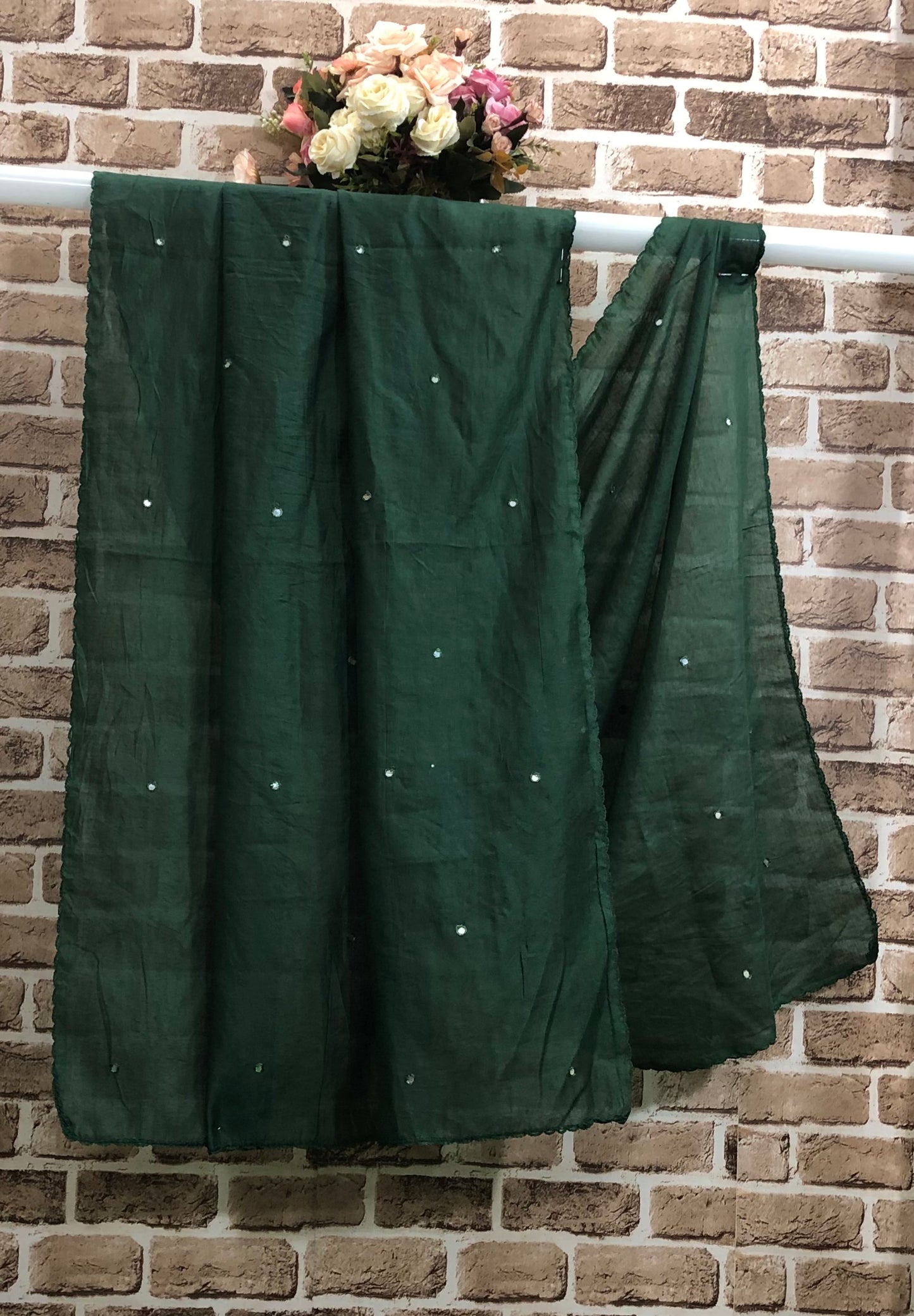 Green Embroidered Dupatta, Stole, Scarf, Chunari, Cotton Blend, Viscose Silk Shawl, Indian Dupatta, Abaya DP938