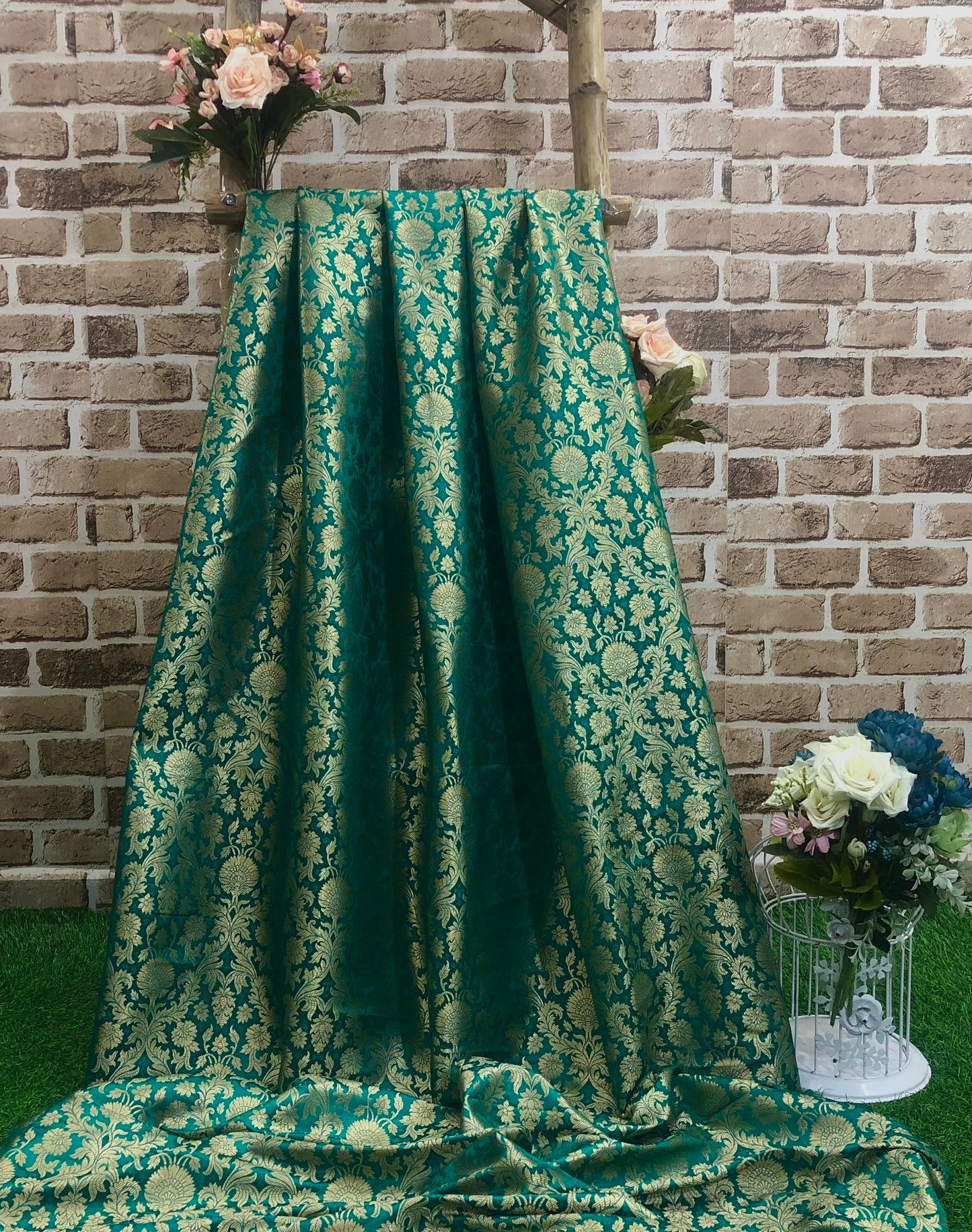 Indian Banarasi Brocade Fabric in Green and Gold Brocade color, Multiple lengths will come in the continuous piece - NFAF638