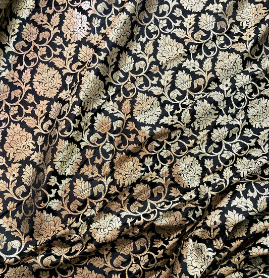Banarasi brocade fabric, Black gold Wedding fabric, Jacquard fabric, Rayon silk brocade, Historical fabric, Fabric by the yard/meter - NFAF642