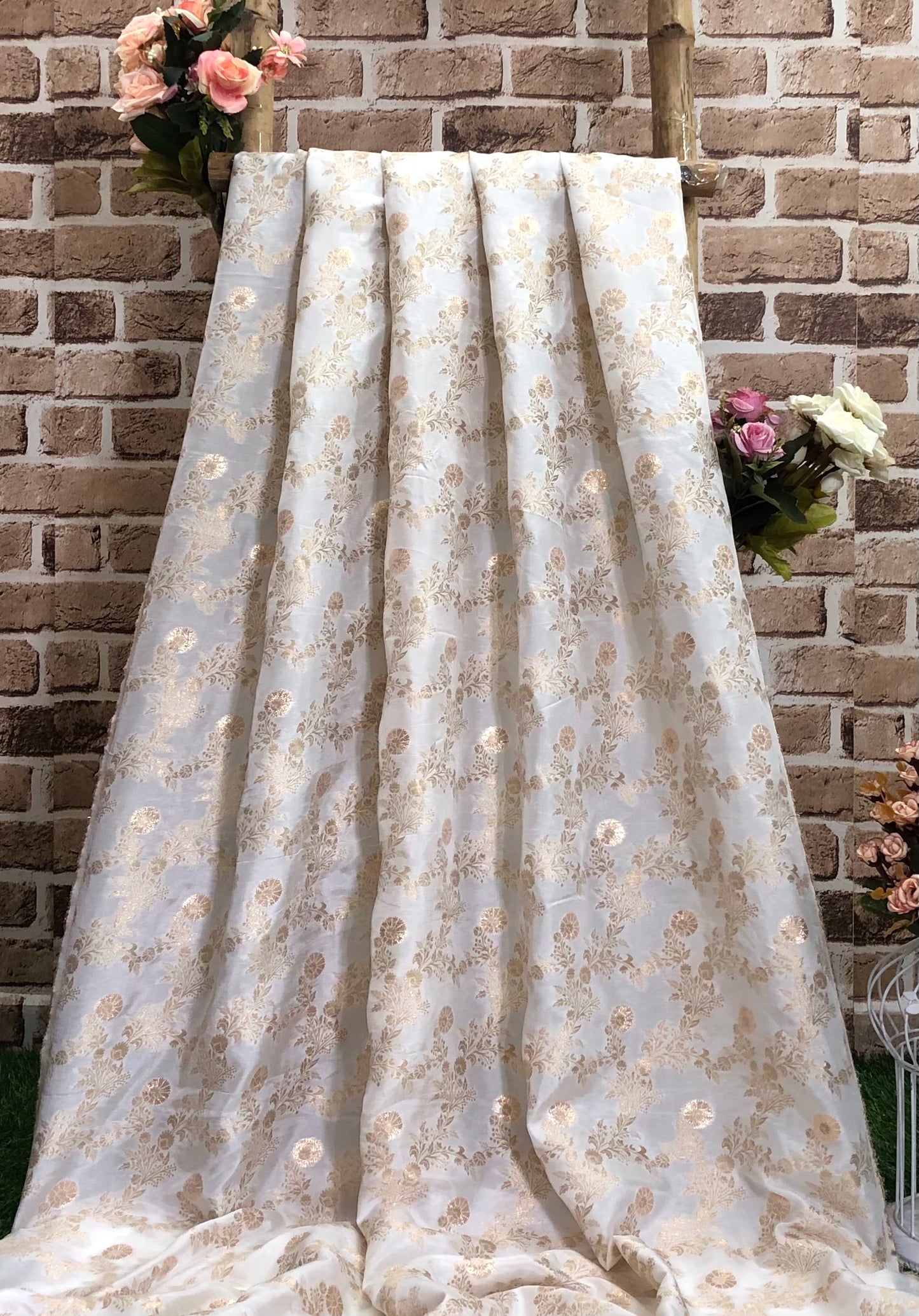 Indian Dola Silk Dyeable Fabric in White & Gold color, Multiple lengths will come in the continuous piece - NF864