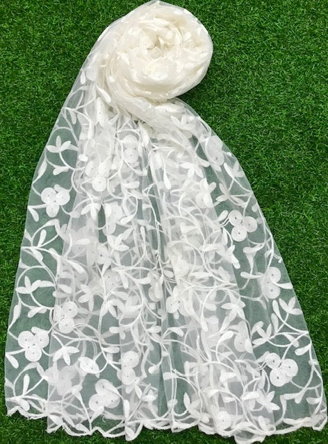 White Embroidered Stole/ dupatta, Tulle, Net Fabric, Embroidered Bridal Wedding Fabric, Saree Drape, Veil, Abaya, Mesh Fabric DP003