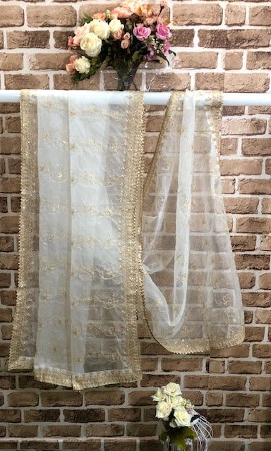 Off White & Gold Organza Dupatta and Sequins Embroidery, Indian Stole, Scarf for women, Bridal Wedding Fabric, Veil, DP01