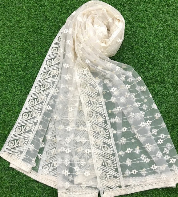 Off White Net Dupatta With Thread and Sequins Embroidery, Indian Stole, Scarf for women, Tulle Fabric, Bridal Wedding Fabric, Veil, DP04