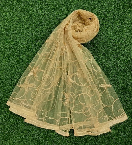 Beige Embroidered Stole/ dupatta, Sequins Net, Tulle Mesh Fabric, Embroidered Fabric, Bridal Fabric, Wedding Dupatta DP09