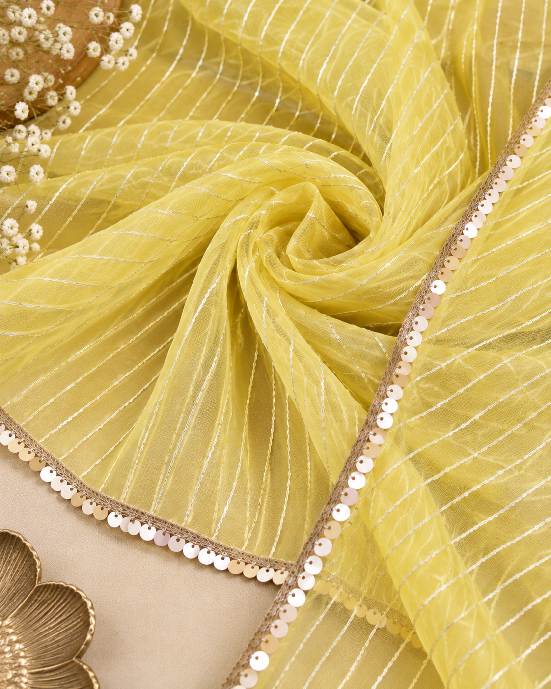 Yellow Indian Viscose Organza Dupatta, Stole, Scarves, Shawl, Abaya, Dupatta for Women, Sequins Embroidery Chunni, Scarf,  DP1012