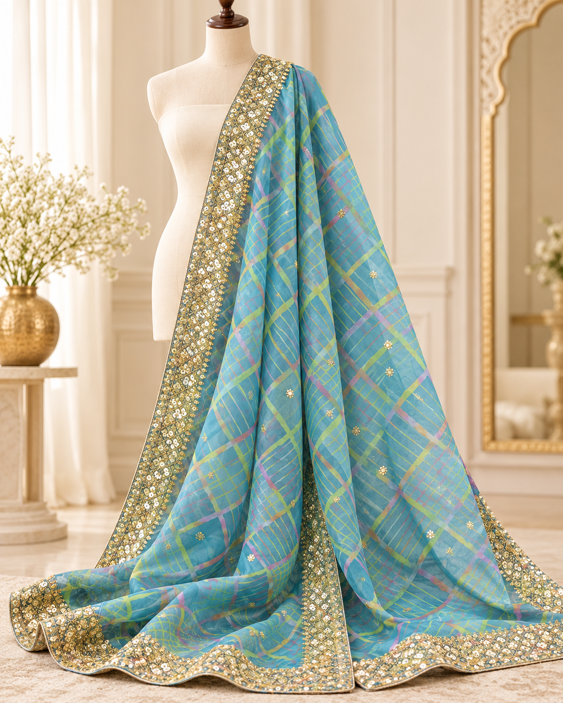 Green Embroidered Organza Dupatta for Women with Embroidered border, Stole, Scarf, shawl, abaya, Chuniri, Embroidered Indian Chunni, DP1023