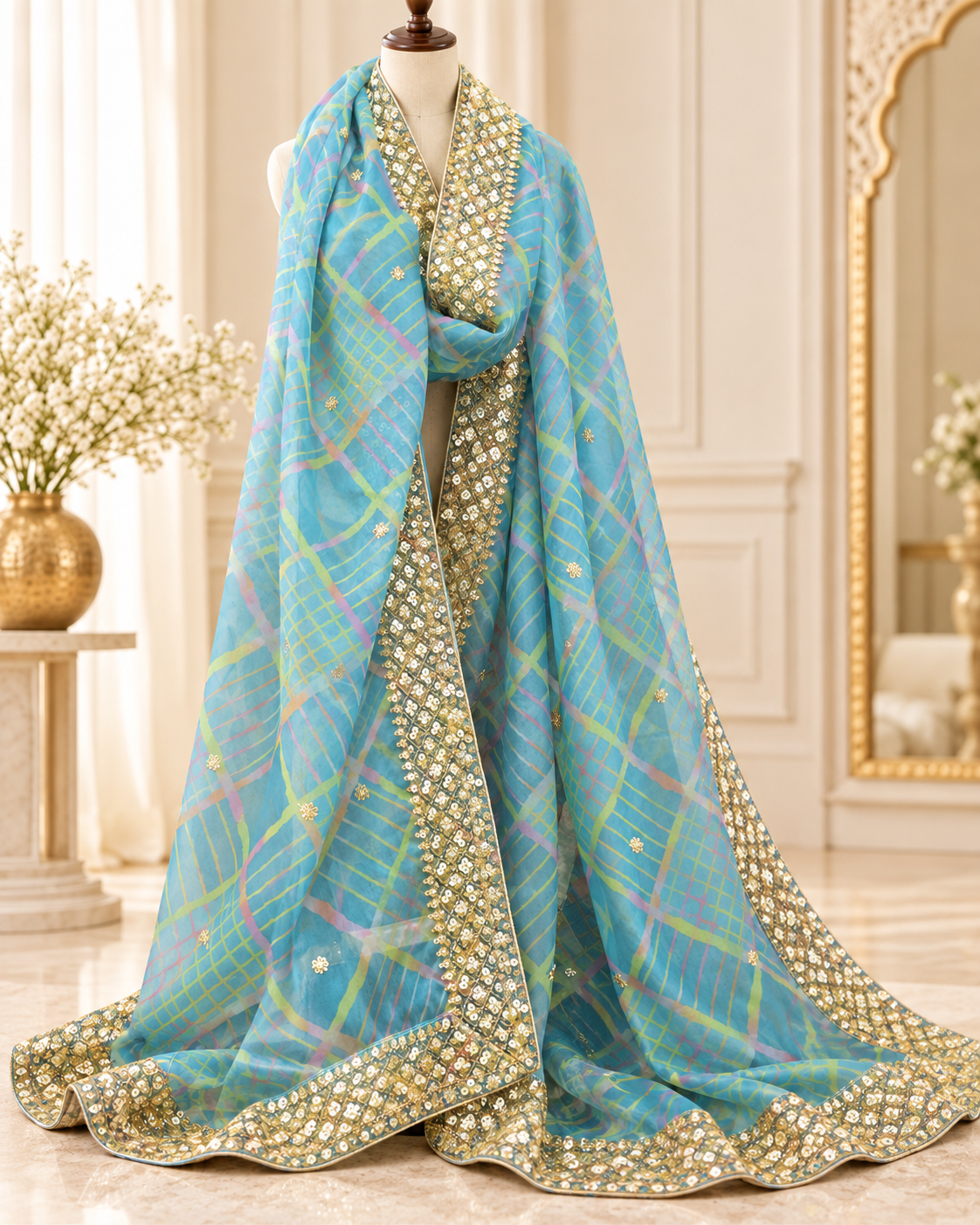 Green Embroidered Organza Dupatta for Women with Embroidered border, Stole, Scarf, shawl, abaya, Chuniri, Embroidered Indian Chunni, DP1023