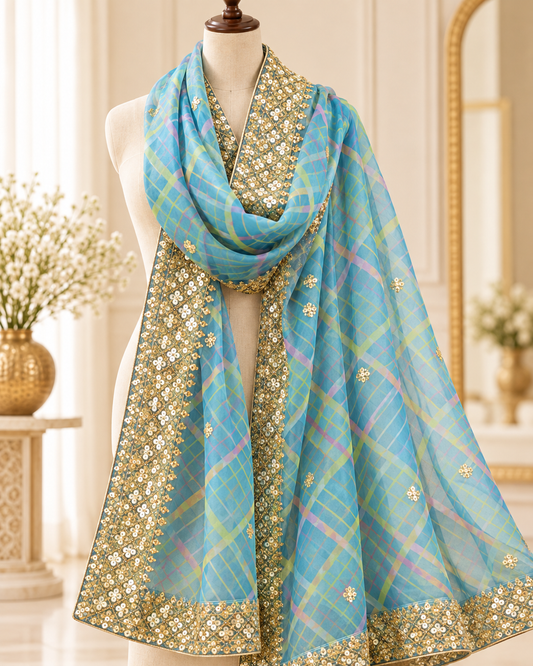 Green Embroidered Organza Dupatta for Women with Embroidered border, Stole, Scarf, shawl, abaya, Chuniri, Embroidered Indian Chunni, DP1023