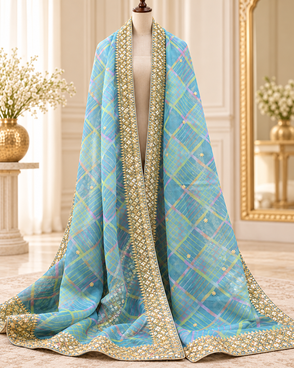 Green Embroidered Organza Dupatta for Women with Embroidered border, Stole, Scarf, shawl, abaya, Chuniri, Embroidered Indian Chunni, DP1023