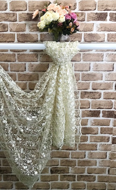 Off White Embroidered Stole/Dupatta, Sequins Net, Mesh, Tulle Embroidered Bridal Fabric, Saree Drape, Veil, Wedding Fabric DP1035