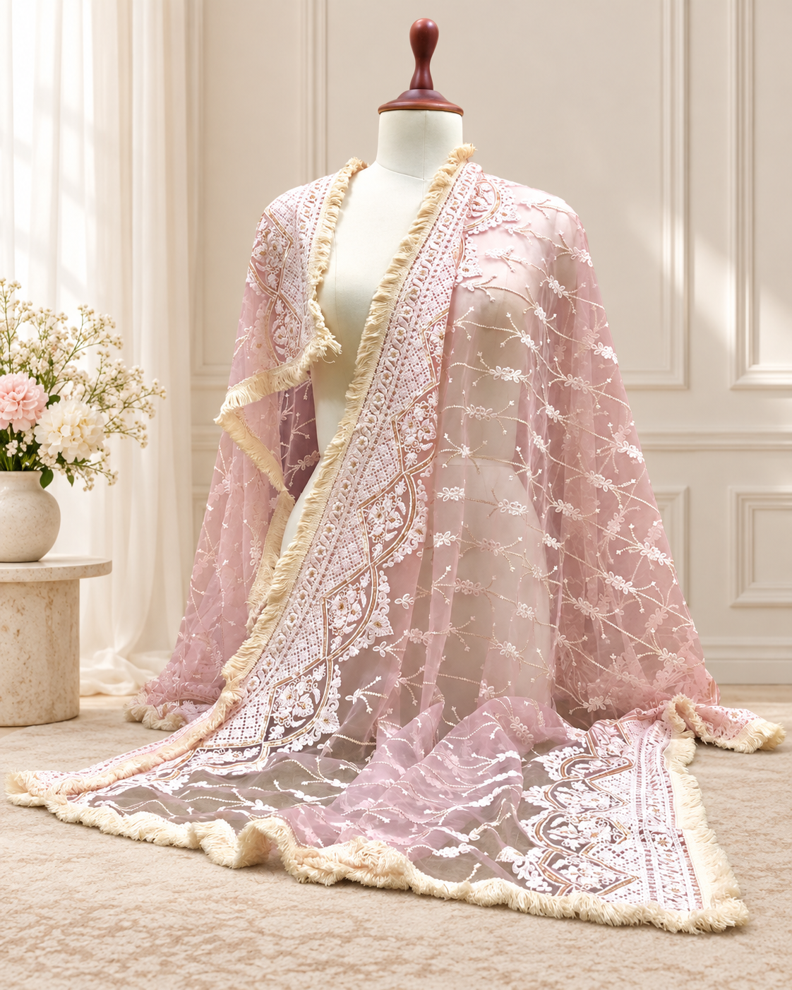 Baby Pink Net Dupatta With Thread and Sequins Embroidery, Indian Stole, Scarf for women, Wedding Fabric, Veil, DP2005