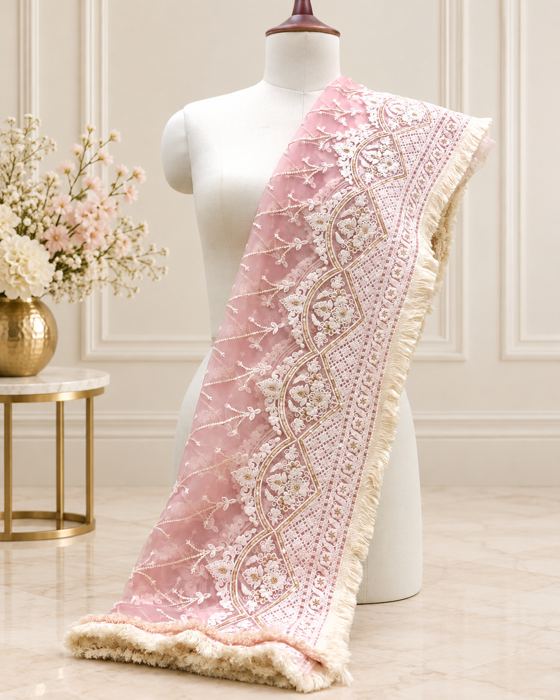 Baby Pink Net Dupatta With Thread and Sequins Embroidery, Indian Stole, Scarf for women, Wedding Fabric, Veil, DP2005
