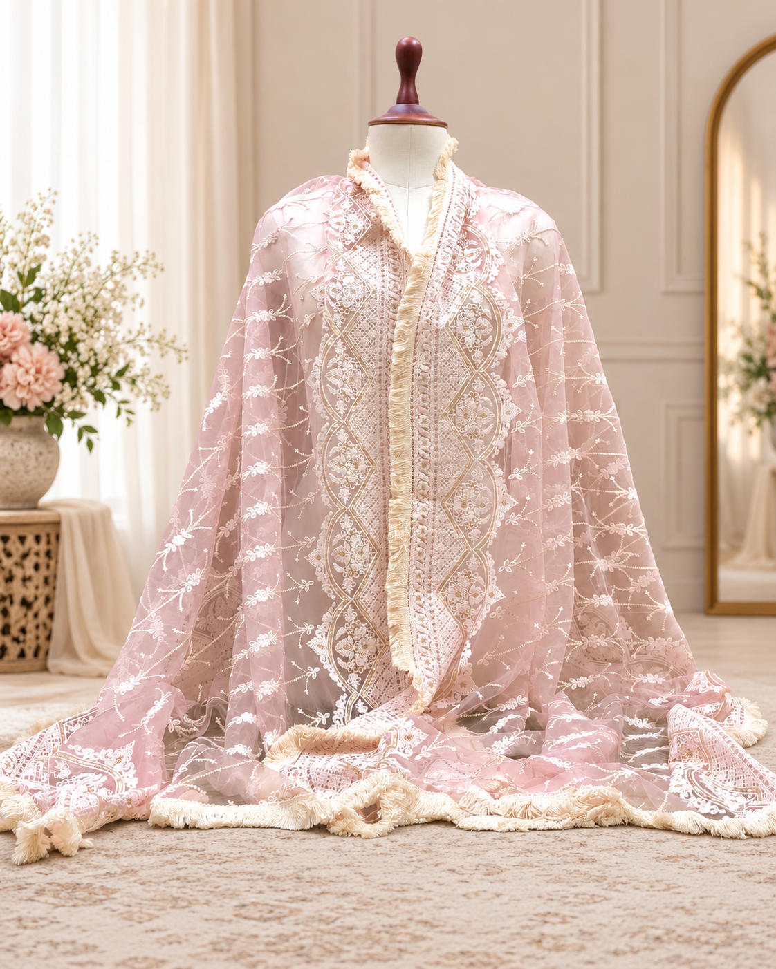 Baby Pink Net Dupatta With Thread and Sequins Embroidery, Indian Stole, Scarf for women, Wedding Fabric, Veil, DP2005