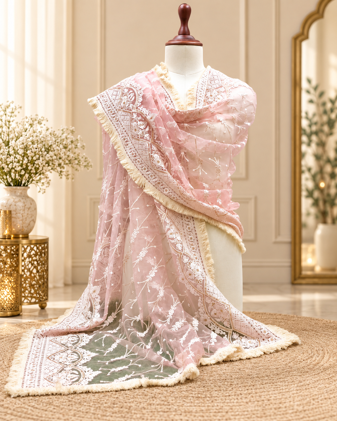 Baby Pink Net Dupatta With Thread and Sequins Embroidery, Indian Stole, Scarf for women, Wedding Fabric, Veil, DP2005