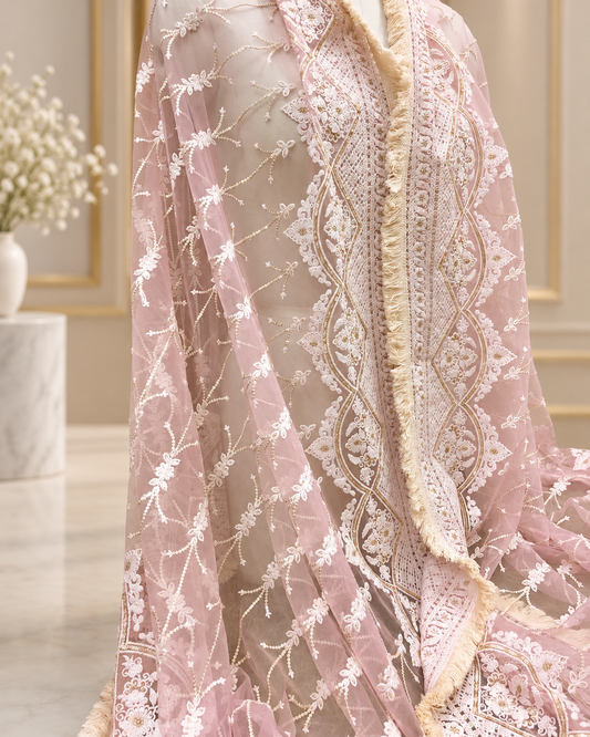 Baby Pink Net Dupatta With Thread and Sequins Embroidery, Indian Stole, Scarf for women, Wedding Fabric, Veil, DP2005