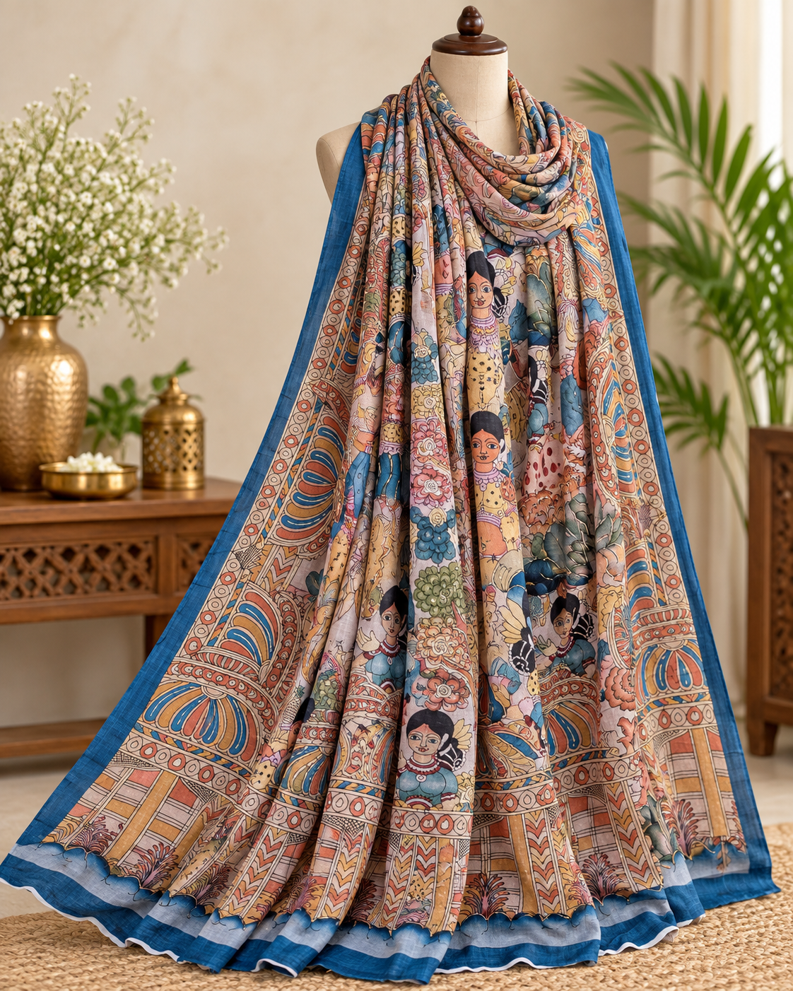 Kalamkari Chinon Chiffon Indian Dupatta for Women, Stole, Scarf, Shawl, abaya, Embroidered Indian Chunni, DP20