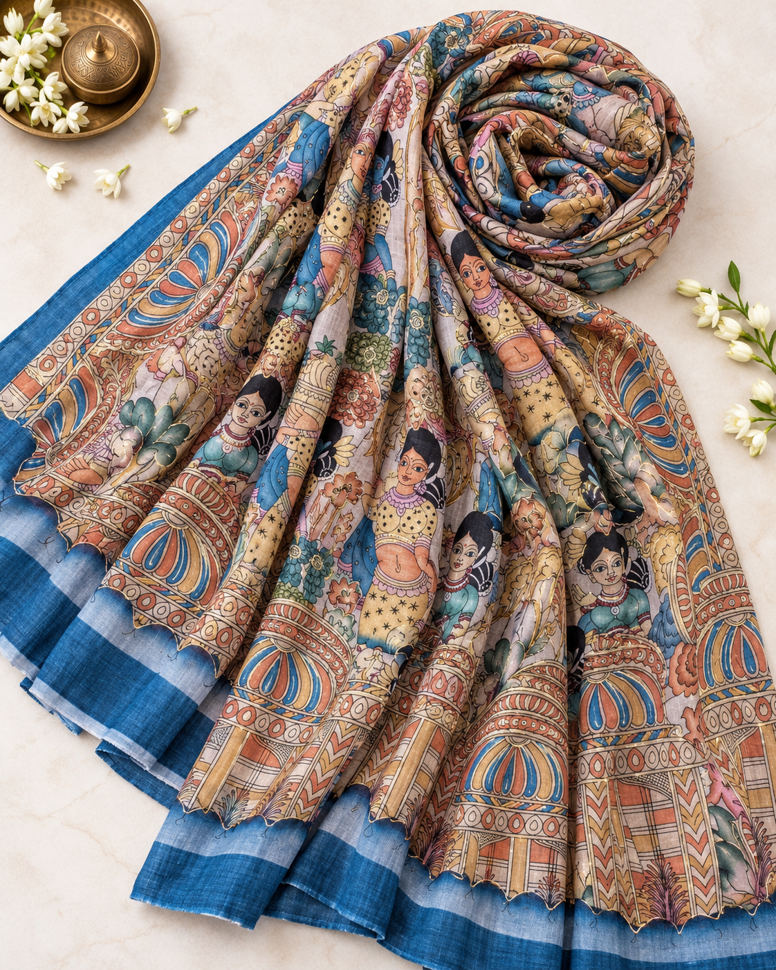 Kalamkari Chinon Chiffon Indian Dupatta for Women, Stole, Scarf, Shawl, abaya, Embroidered Indian Chunni, DP20