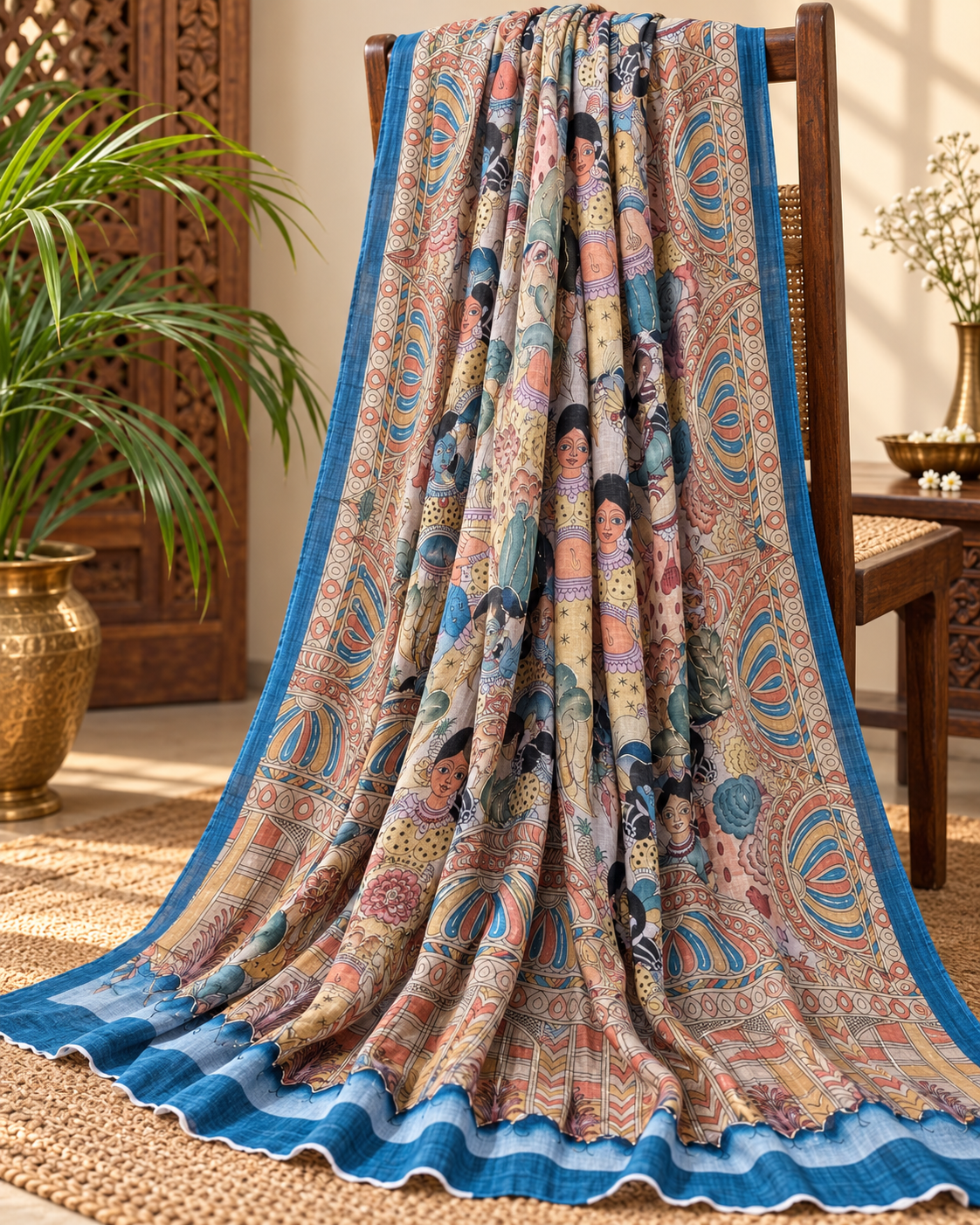 Kalamkari Chinon Chiffon Indian Dupatta for Women, Stole, Scarf, Shawl, abaya, Embroidered Indian Chunni, DP20