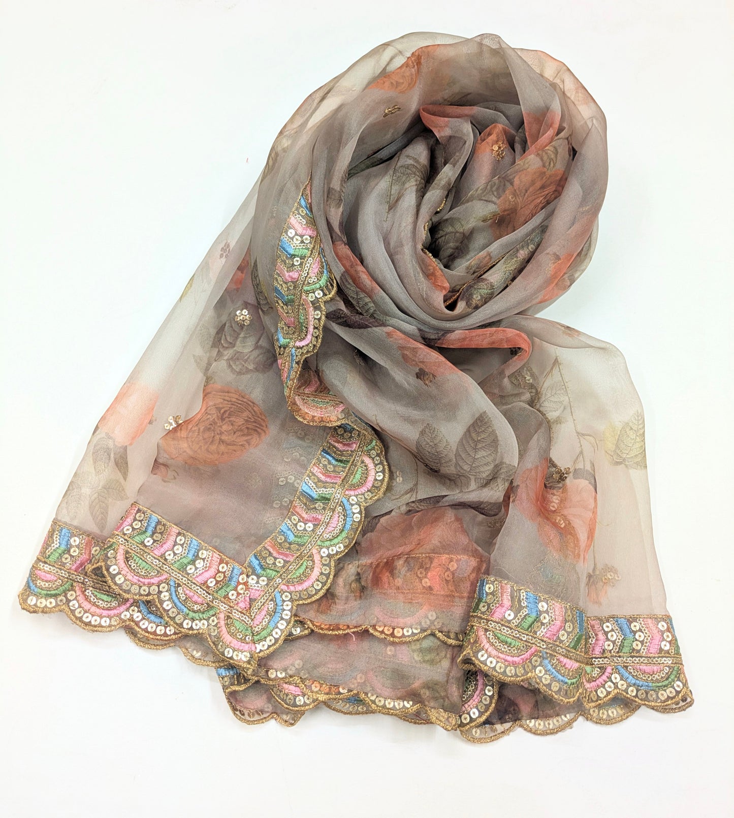 Gray Organza Dupatta and Sequins Embroidery, Indian Stole, Scarf for women, Bridal Wedding Fabric, Veil, DP22