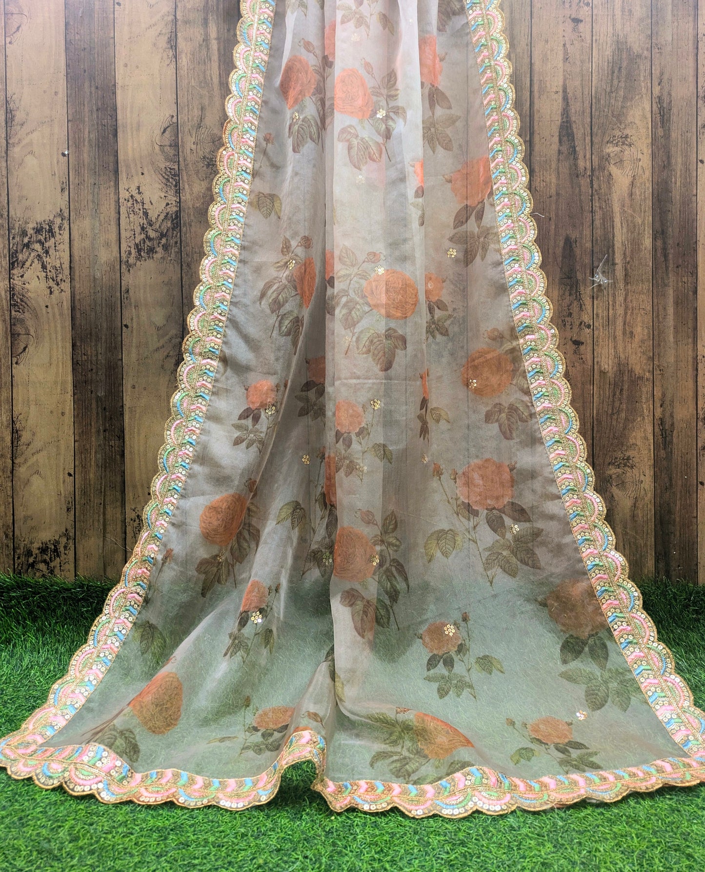 Gray Organza Dupatta and Sequins Embroidery, Indian Stole, Scarf for women, Bridal Wedding Fabric, Veil, DP22