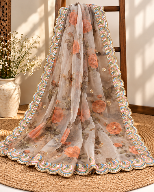 Gray Organza Dupatta and Sequins Embroidery, Indian Stole, Scarf for women, Bridal Wedding Fabric, Veil, DP22