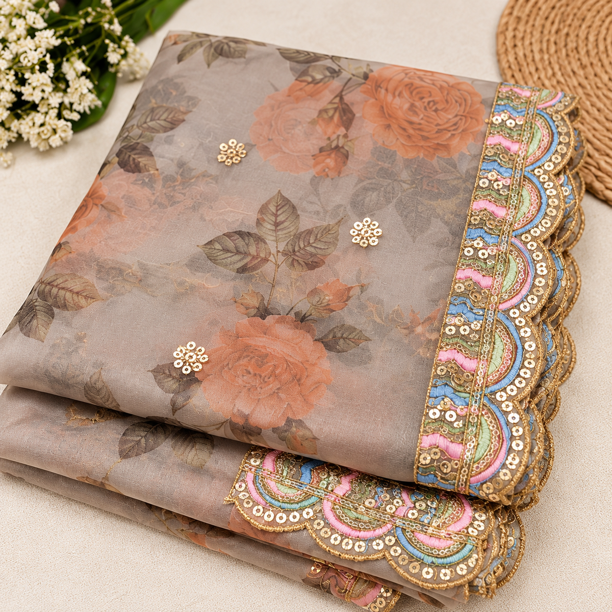 Gray Organza Dupatta and Sequins Embroidery, Indian Stole, Scarf for women, Bridal Wedding Fabric, Veil, DP22
