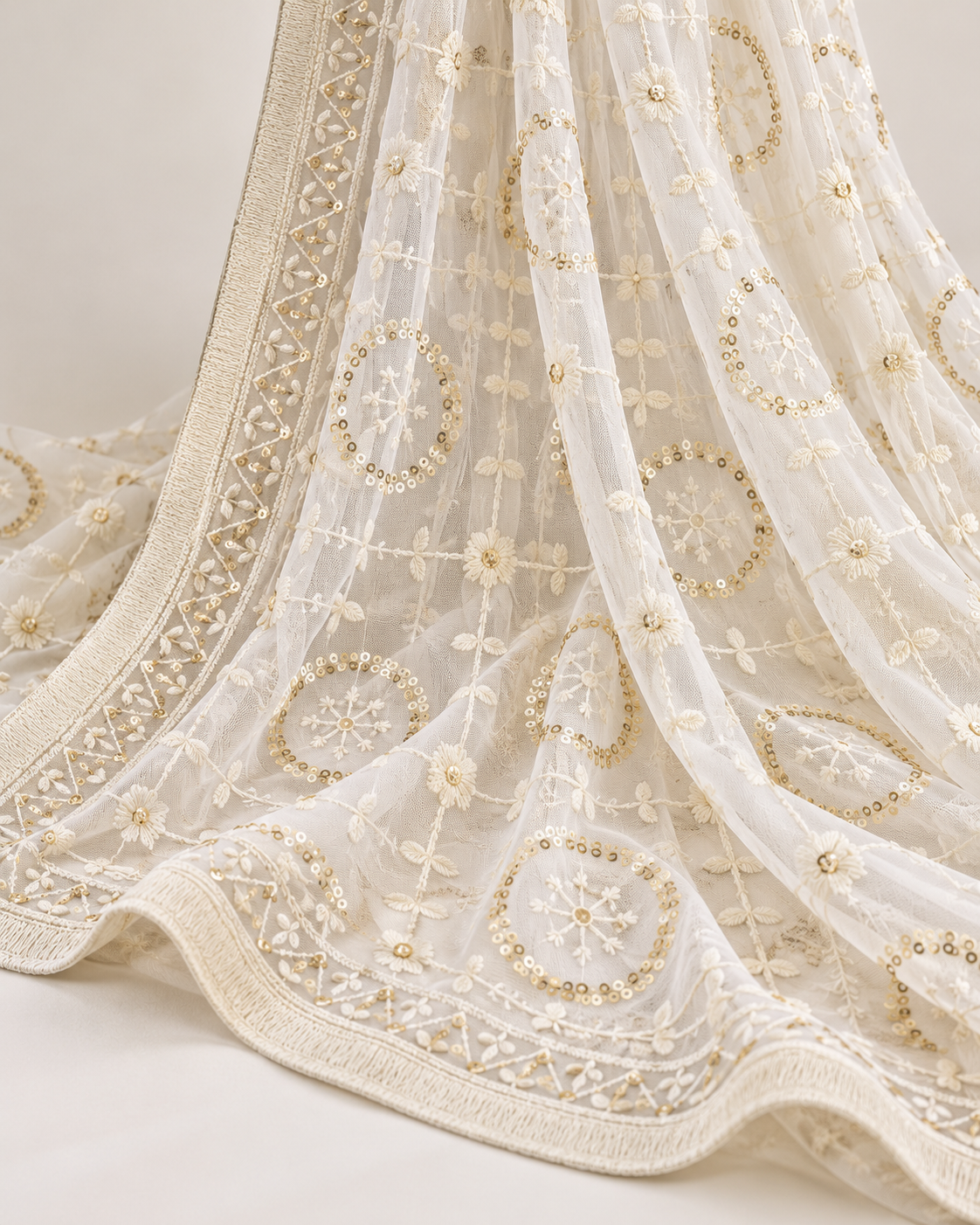 Off White Embroidered Stole/ dupatta, Sequins Net, Tulle Mesh Fabric, Embroidered Fabric, Bridal Fabric, Wedding Dupatta DP28