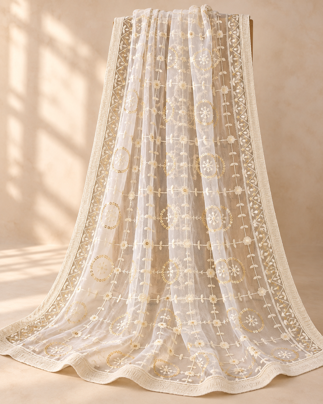 Off White Embroidered Stole/ dupatta, Sequins Net, Tulle Mesh Fabric, Embroidered Fabric, Bridal Fabric, Wedding Dupatta DP28
