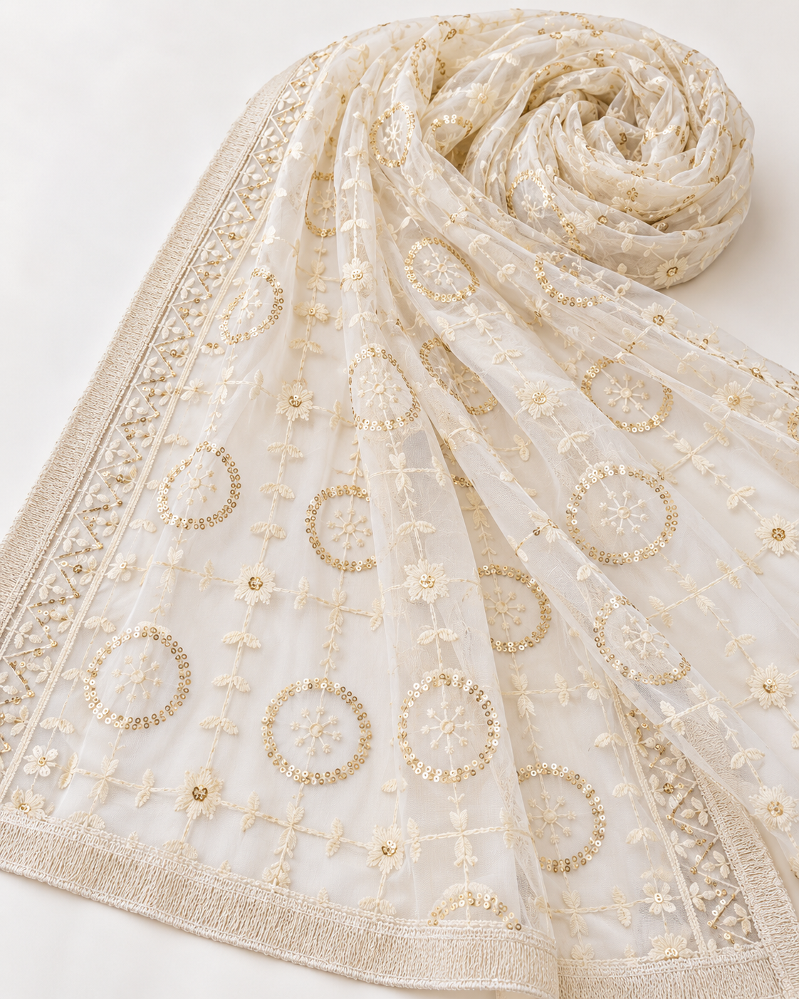 Off White Embroidered Stole/ dupatta, Sequins Net, Tulle Mesh Fabric, Embroidered Fabric, Bridal Fabric, Wedding Dupatta DP28