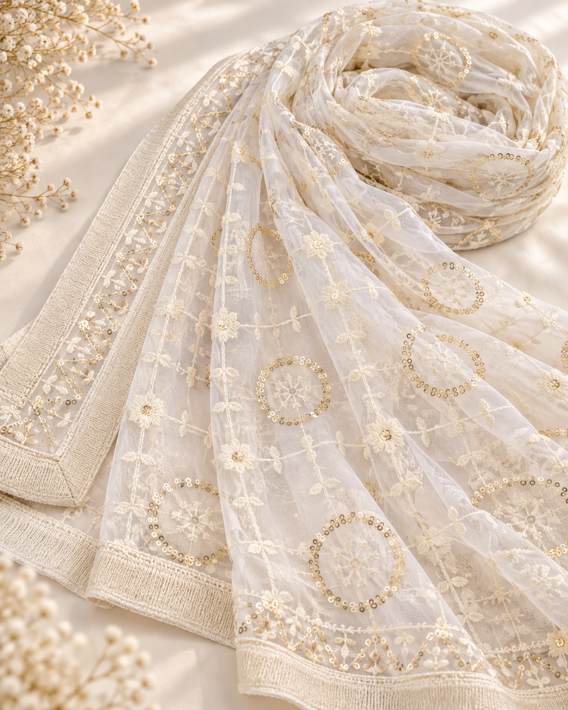 Off White Embroidered Stole/ dupatta, Sequins Net, Tulle Mesh Fabric, Embroidered Fabric, Bridal Fabric, Wedding Dupatta DP28